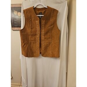 Outbrooks Leather Suede Vest Camel Color Sz XL Satin Lining Decorative Stitching
